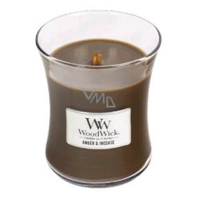 WoodWick Amber & Incense - Duftkerze aus Ambergris und Weihrauch mit Holzdocht und Deckelglas Medium 275 g