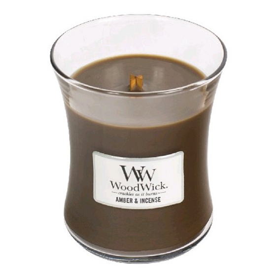 WoodWick Amber & Incense - Duftkerze aus Ambergris und Weihrauch mit Holzdocht und Deckelglas Medium 275 g