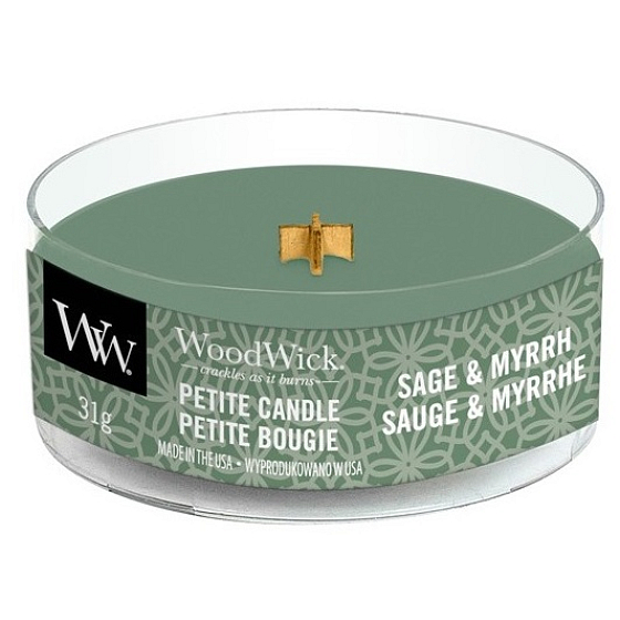 WoodWick Sage & Myrht - Duftkerze nach Salbei und Myrrhe mit kleinem Holzdocht 31 g