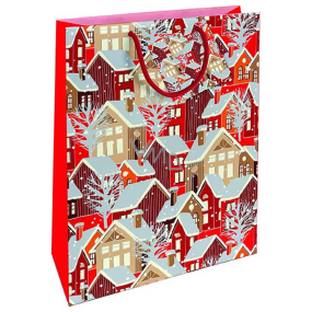 Nekupto Geschenkpapier Tasche 32,5 x 26 x 13 cm Weihnachtshäuser rot