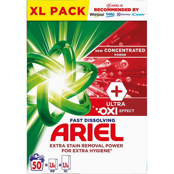 Ariel Ultra Oxi Effect Waschpulver für Fleckenentfernung und zusätzliche Hygiene 50 Dosen 2,8 kg