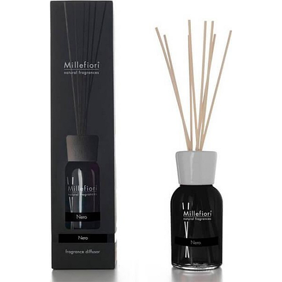 Millefiori Milano Natural Nero - Schwarzer Diffusor 100 ml + 7 Stiele 25 cm lang für kleinere Räume dauert 5-6 Wochen