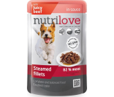 Nutrilove Gedünstete Filets mit saftigem Rind in Soße, komplettes Futter für Hunde, Beutel 85 g