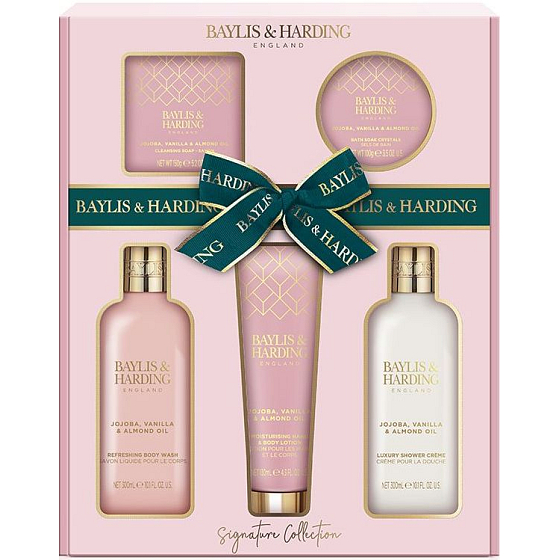 Baylis & Harding Jojoba, Vanille & Mandelöl Reinigungsgel 300 ml + Duschcreme 300 ml + Toilettenseife 150 g + Hand- und Körperlotion 130 ml + Körperbutter 100 ml, Kosmetikset für Damen