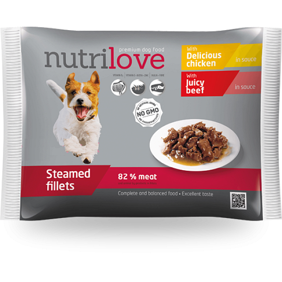 Nutrilove Geschmorte Filets mit leckerem Hähnchen in Soße, geschmorte Filets mit saftigem Rinder Alleinfutter Tasche 4 x 85 g