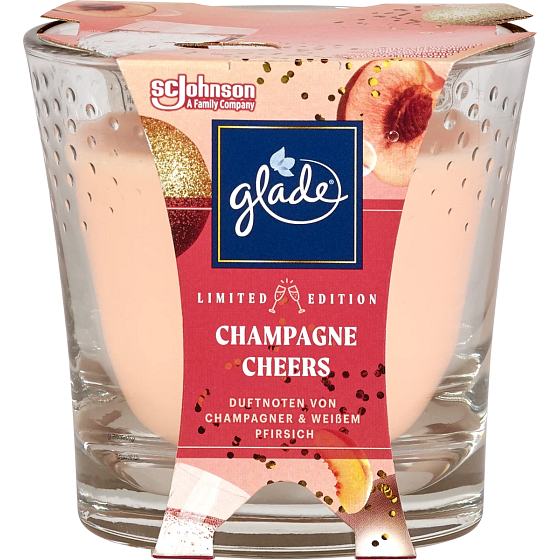 Glade Champagne Cheers mit dem Duft von Champagner und frischem Pfirsich Duftkerze im Glas, Brenndauer bis zu 38 Stunden 129 g