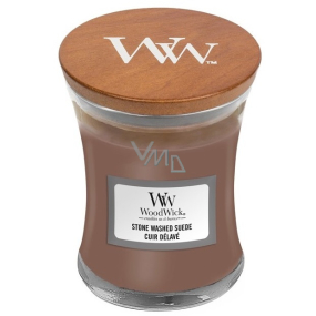 WoodWick Stone Washed Suede - Geräucherte Wildlederduftkerze mit Holzdocht und Deckelglas klein 85 g