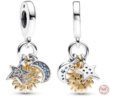 Sterling Silber 925 Himmels-Charm mit Zirkonia, Sonne, Stern, Mondsichel, 3in1 Universum Armband-Anhänger