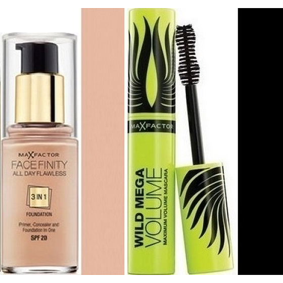 Max Factor Facefinity den ganzen Tag makelloses 3in1 Make-up 50 Natural 30 ml + Wild Mega Volume Mascara schwarz 11 ml