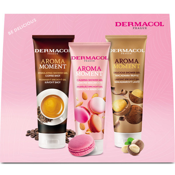 Dermacol Aroma Moment Coffee Shot Duschgel 250 ml + Almond Macaroon Duschgel 250 ml + Macadamia Truffle Duschgel 250 ml, Kosmetikset für Frauen