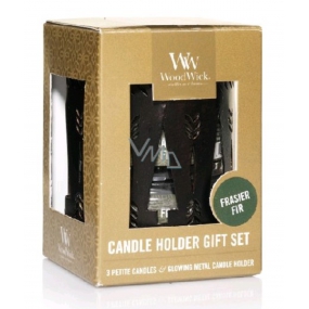 WoodWick Frasier Fir - Duftkerze mit Frasertanne und kleinem Docht aus Holz 3 x 31 g + Geschenkset mit Kerzenhalter aus Bronze