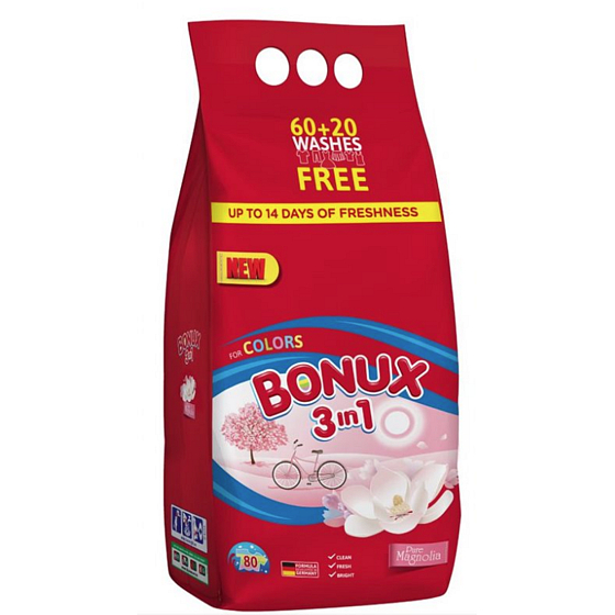 Bonux Color Pure Magnolia 3 in 1 Waschpulver für farbige Wäsche 60 + 20 Dosen von 6 kg
