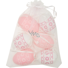 Plastikeier zum Aufhängen weiß und rosa mit Blumen 6 cm 6 Stück in Organza