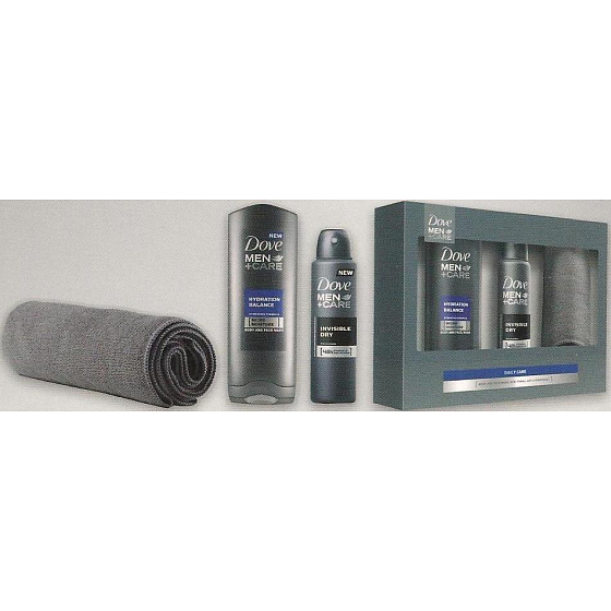 Dove FM Hydro Balance Männer + Pflege Hydro Balance Duschgel 250 ml + Männer + Pflege Unsichtbar Trockenes Deodorant Spray 150 ml + Handtuch, Kosmetikset