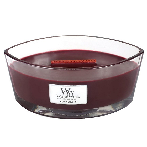 WoodWick Black Cherry - Schwarzkirsch-Duftkerze mit breitem Holzdocht und Glasschiffdeckel 453 g