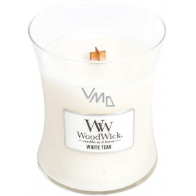 WoodWick White Teak - Weiße Teak-Duftkerze mit Holzdocht und Glasdeckel Medium 275 g