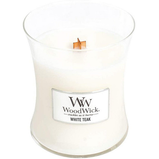 WoodWick White Teak - Weiße Teak-Duftkerze mit Holzdocht und Glasdeckel Medium 275 g
