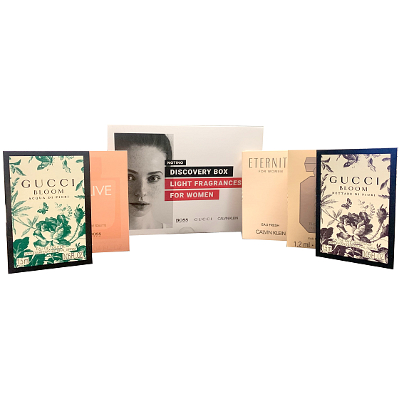 Hugo Boss Alive edt 1,2 ml + Gucci Bloom Acqua di Fiori edt 1,5 ml + Calvin Klein Eternity edp 1,2 ml + Hugo Boss The Scent Pure Accord edt 1,2 ml + Gucci Bloom Nettare di Fiori edp 1,5 ml, Geschenk-Set für Frauen