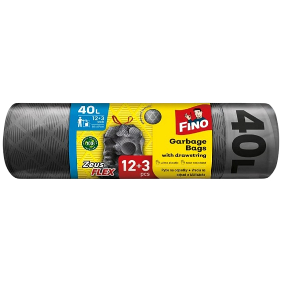 Fino Zeus Flex Müllbeutel mit Zugband schwarz 23 µ, 40 Liter 55 x 57 cm, 12 + 3 Stück