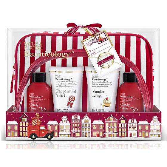 Baylis & Harding Red Collection Sweet 100 ml Flüssigseife + 100 ml Duschgel Sweet Bar + Peppermint Swirl Bodylotion 50 ml + Vanilleglasur-Handcreme 50 ml + 2 x Reisehandtasche, Geschenkset