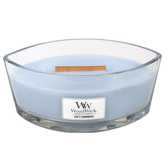 WoodWick Soft Chambray - Saubere Duftkerze aus Leinen mit breitem Docht aus Holz und Glasdeckel für Boote 453 g
