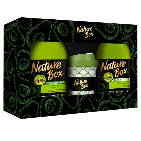 Nature Box Avocado Regenerierendes Duschgel mit 100% kaltgepresstem Öl, geeignet für Veganer 385 ml + Körperlotion 385 ml + Thermobecher, Kosmetikset