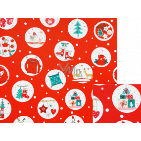 Nekupto Geschenkpapier 70 x 200 cm Weihnachtsroter Baum, Schlittschuhe, Geschenke in weißen Kreisen