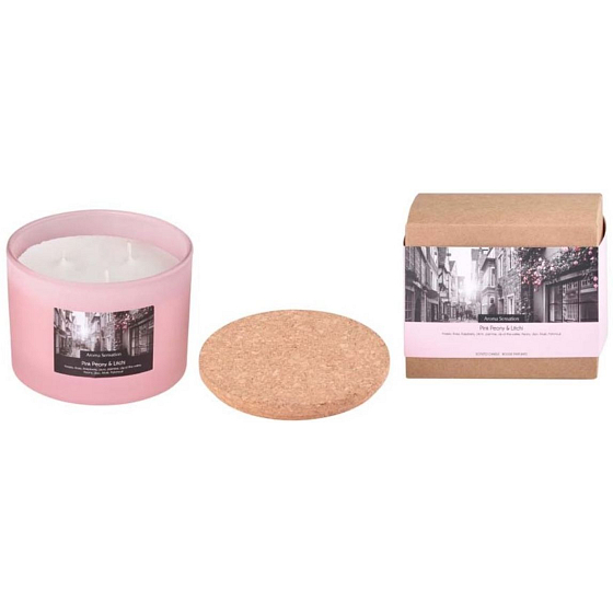 Arome Aroma Sensation Duftkerze aus rosa Pfingstrose und Litschi in Glas mit Korkdeckel 100 x 80 mm 3 Dochte