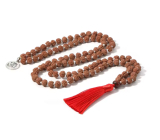 108 Mala Rudraksha meditační šperk, vázaný přírodní náhrdelník, ruční výroba, korálek 8 mm, střapec 8 cm, symbol Óm