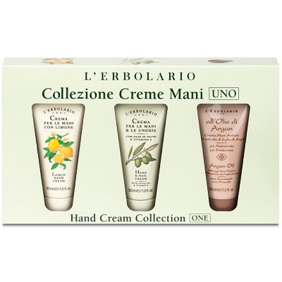 L'Erbolario Lemon Handcreme 30 ml + Olivenöl Vitamin E Hand- und Nagelcreme 30 ml + Arganöl und Arganblattextrakt Anti-Age-Handcreme 30 ml, Kosmetikset