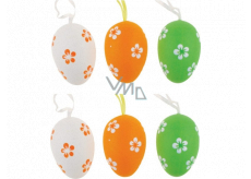 Plastikeier weiß-orange-grün zum Aufhängen von 6 cm, 6 Stück in einer Tüte