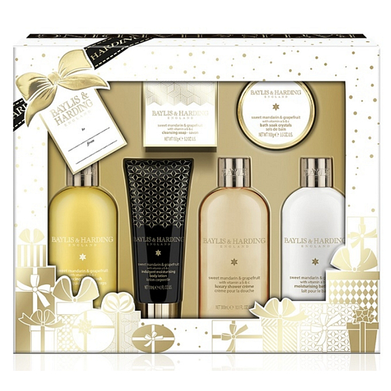 Baylis & Harding Mandarinen- und Grapefruit-Flüssigseife 300 ml + Duschcreme 300 ml + Bademilch 300 ml + Seife 150 g + Körperlotion 130 ml + Badekristalle 100 g, Körperpflegeset
