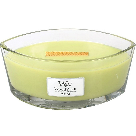 WoodWick Willow - Duftkerze aus Weidenblumen mit breitem Holzdocht und Deckelglasboot 453 g