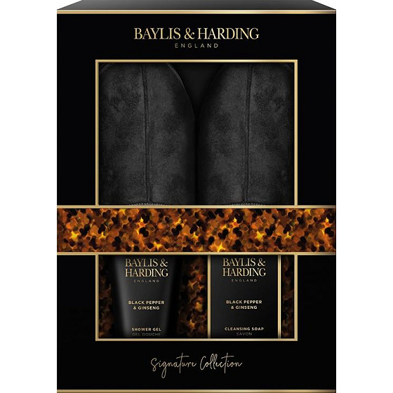 Baylis & Harding Men Schwarzer Pfeffer und Ginseng Duschgel 140 ml + Seife 100 g + Hausschuhe, Kosmetikset für Männer