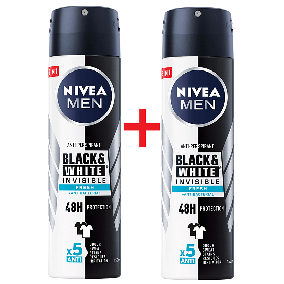 Nivea Men Invisible Black & White Fresh Antitranspirant Deodorant Spray 2 x 150 ml, Duopack für Männer