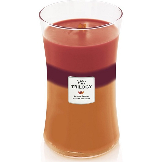 WoodWick Trilogy Herbsternte - Duftkerze für Herbsternte mit Holzdocht und Glasdeckel groß 609 g