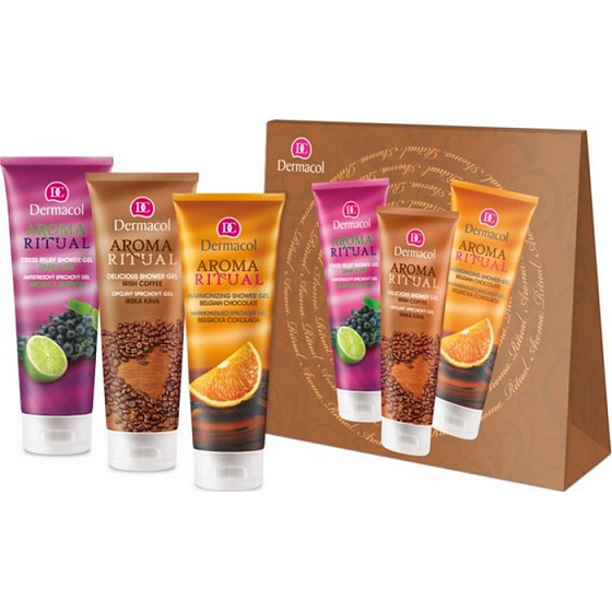 Dermacol Aroma Ritual Trauben mit Limette Anti-Stress Duschgel 250 ml + Belgisches Schokoladenduschgel 250 ml + Irish Coffee Duschgel 250 ml, Kosmetikset